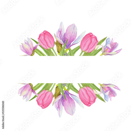 Watercolor frame of magnolia and tulip flowers.