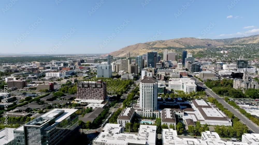 Aerial view of the Salt Lake city downtown. Beautiful mormon city. Downtown of the Salt Lake City skyline over Temple Square. Aerial view of the Salt Lake city downtown. Beautiful mormon city. Downtown of the Salt Lake City skyline over Temple Square.