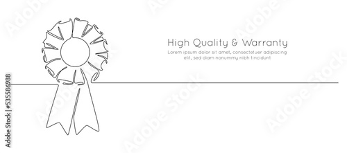 One continuous line drawing of winner award badge and medal. Premium quality product and high warranty concept and approved choice in simple linear style. Editable Stroke. Doodle vector illustration