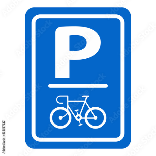 bicycle parking sign, white on blue background, vector icon