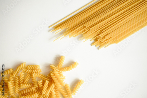 Sparretti and tortiglioni on white background top view