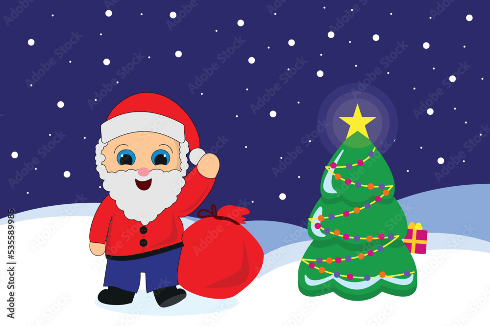 New Year's background. Snowman, bunny and Santa Claus near the Christmas tree