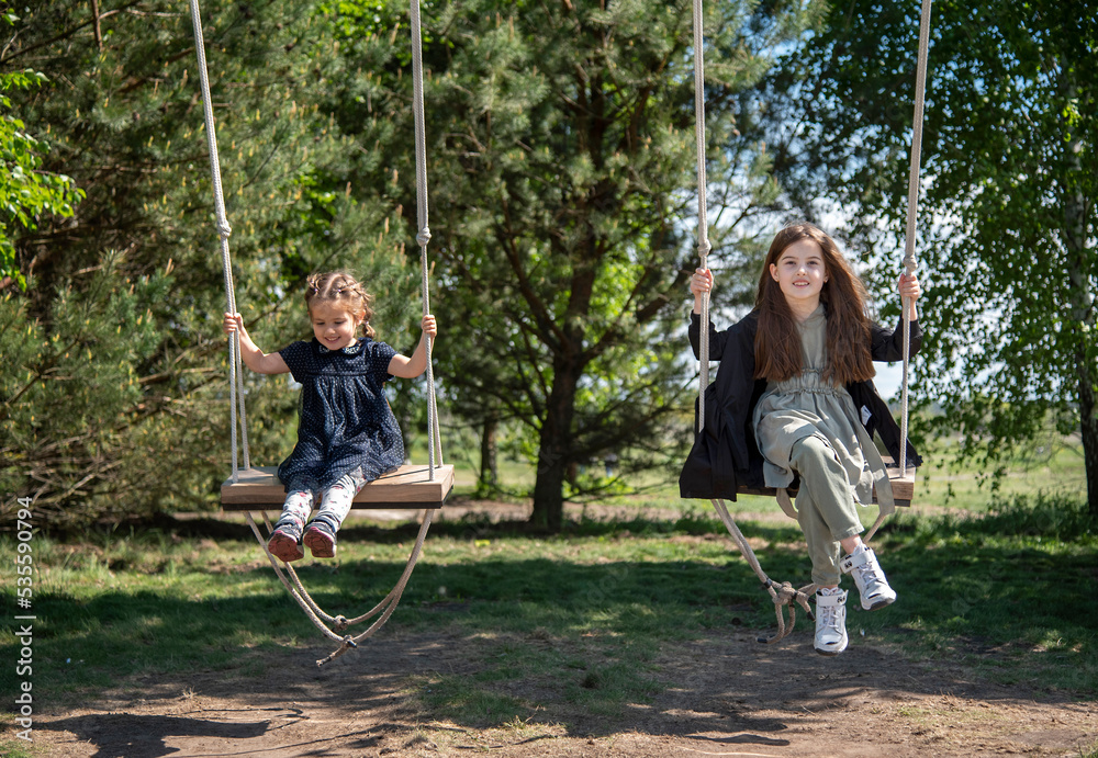 two girls sister on swing in summer park
