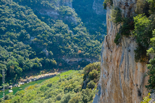 Limestone cliff of the Ardeche River Gorge Provence, France. View from the observation deck of Grotte de la Madeleine, Saint Remeze.