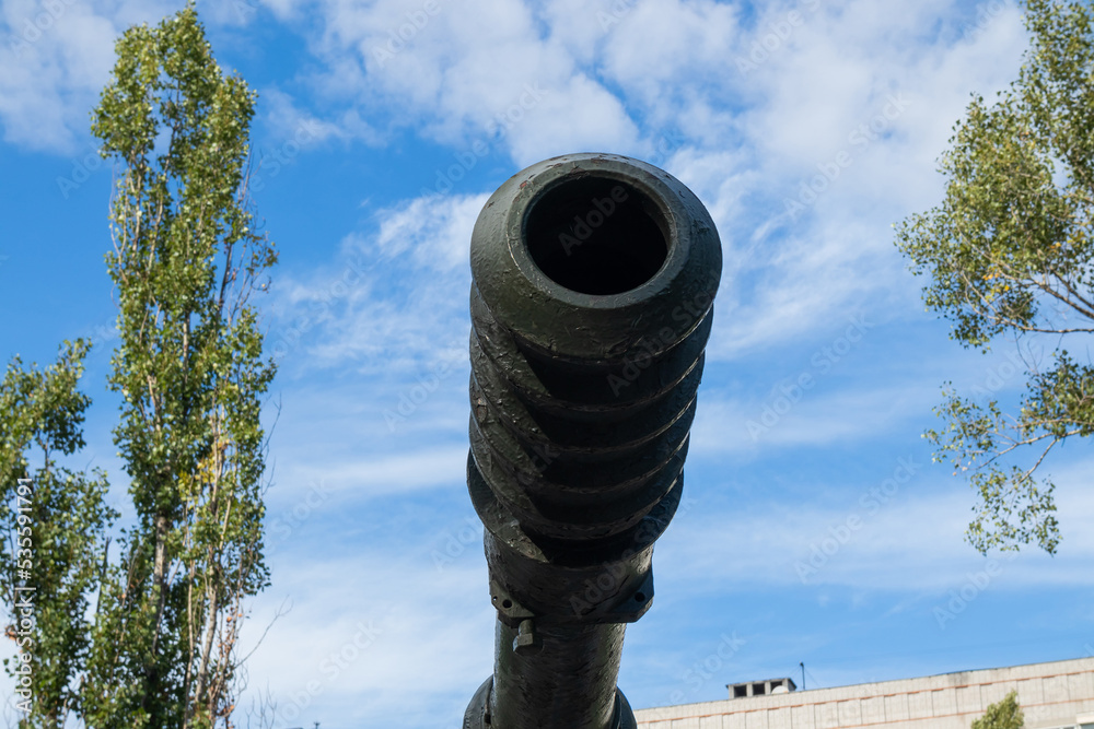 Muzzle of an old tank close-up. Military equipment outdoors Stock Photo ...