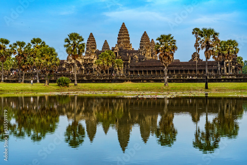 Cambodia. Siem Reap Province. Angkor Wat  Temple City  and its reflection in the lake. A Buddhist and temple complex in Cambodia and the largest religious monument in the world