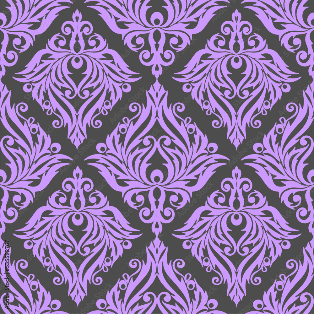 seamless graphic pattern, floral purple ornament tile on gray background, texture, design seamless graphic pattern, floral purple ornament tile on gray background, texture, design