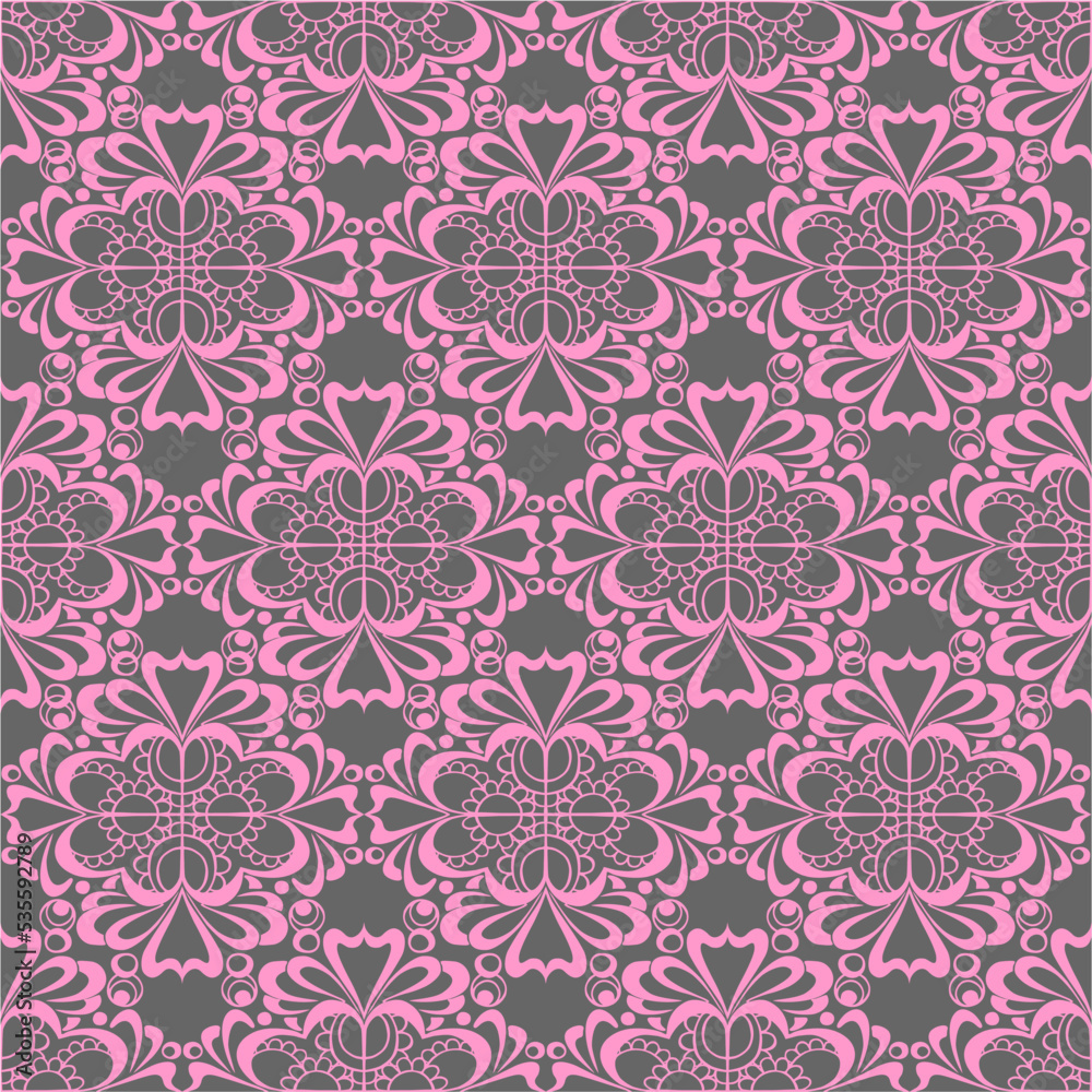 seamless graphic pattern, floral pink ornament tile on gray background, texture, design