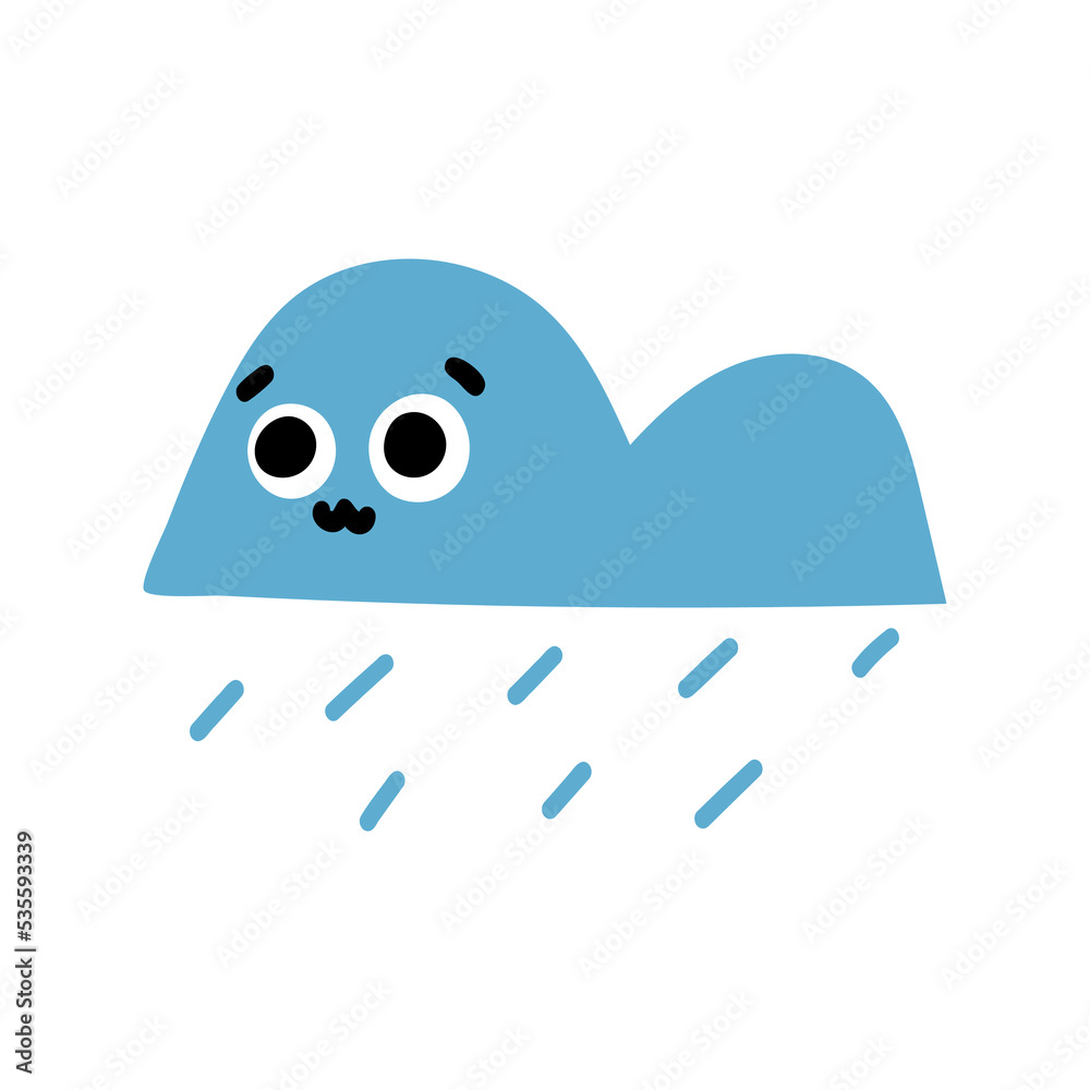 Cute kawaii cloud childish character with rain, with a sweet face, smile, and big eyes. Vector weather illustration. Cute kawaii cloud childish character with rain, with a sweet face, smile, and big eyes. Vector weather illustration.