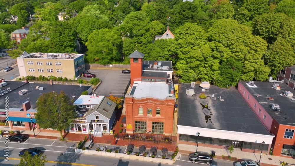 Historic fire station building on Leonard Street in historic center of Belmont, Massachusetts MA, USA. Now this building is a restaurant. 