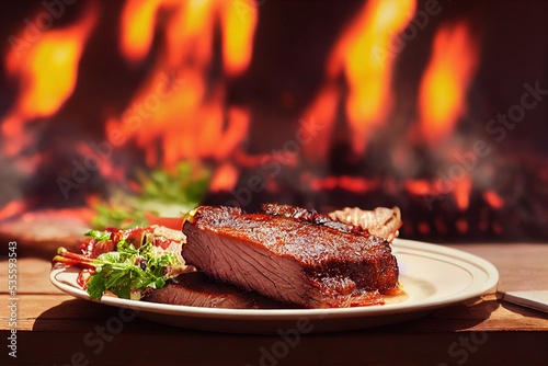 Slika na platnu meat grilled stake, barbeque , fire, salad, fine dining