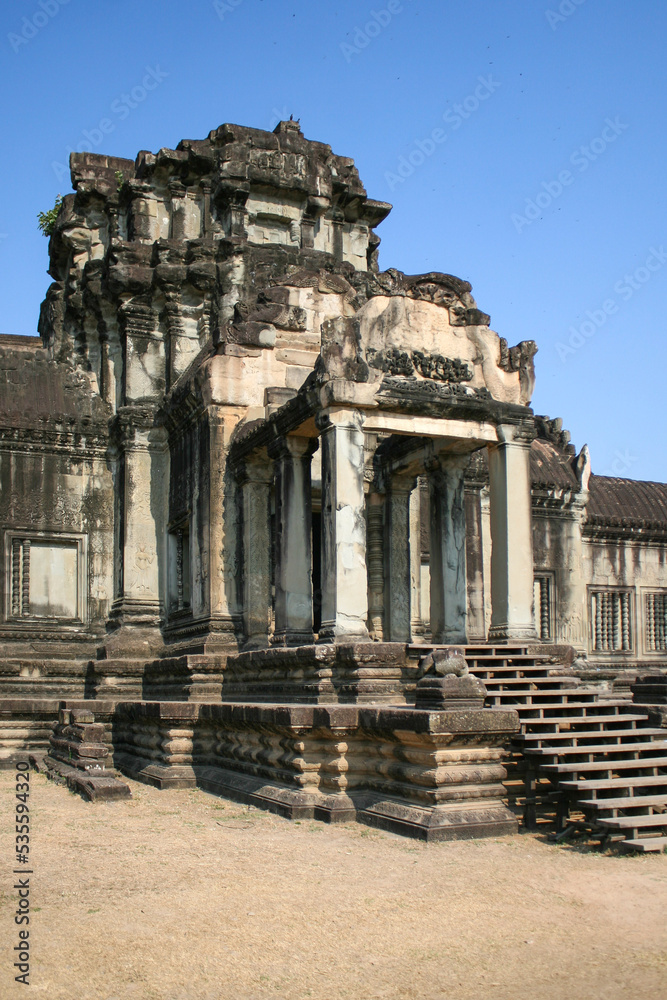 A building in Angkor Wat, a temple complex in Cambodia, the largest religious monument in the world, and a UNESCO World Heritage Site.  Image has copy space.