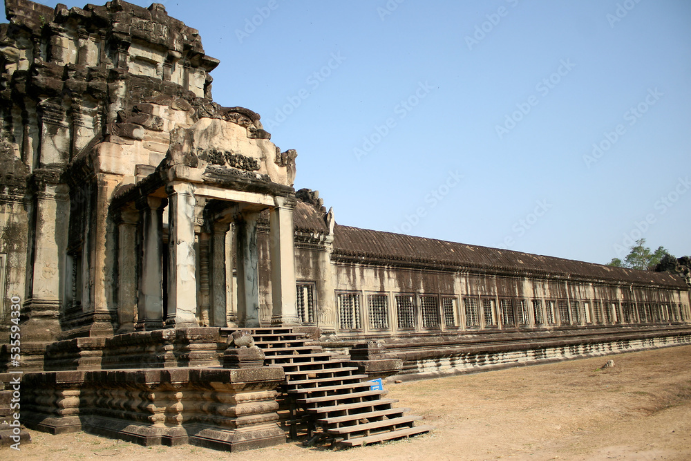 A building in Angkor Wat, a temple complex in Cambodia, the largest religious monument in the world, and a UNESCO World Heritage Site.  Image has copy space.