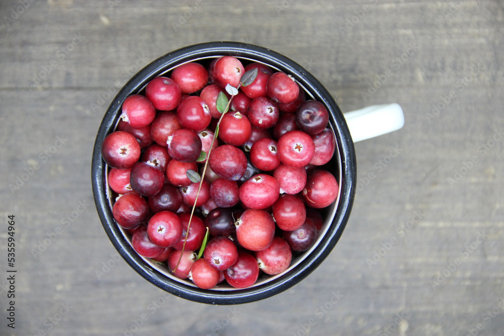 Red ripe cranberries on a wooden background Red ripe cranberries on a wooden background