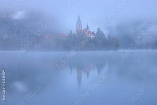 Lake Bled  Slovenia at dawn in fog