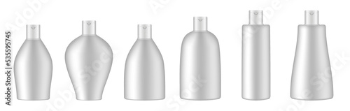 Set of white cosmetic bottles. Realistic mockup. Korean packaging. Lotion or shower gel. Conditioner or hair mask