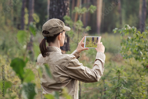 A woman forester in uniform take a photo using a digital tablet in a forest area in summer, back view, selective focus. photo