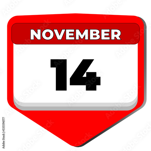 14 November vector icon calendar day. 14 date of November. Fourteenth day of November. 14th date number. 14 day calendar. Fourteen date. Childrens India, World Diabetes. Vector illustration