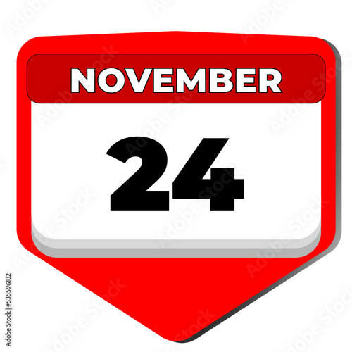 24 November vector icon calendar day. 24 date of November. Twenty fourth day of November. 24th date number. 24 day calendar. Twenty four date. Turkish teachers. Vector illustration