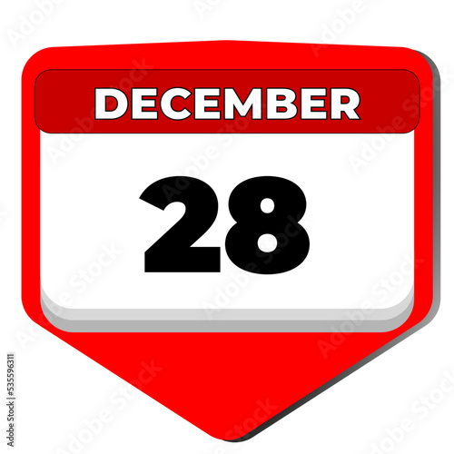 28 December vector icon calendar day. 28 date of December. Twenty eighth day of December. 28th date number. 28 day calendar. Twenty eight date. Vector illustration