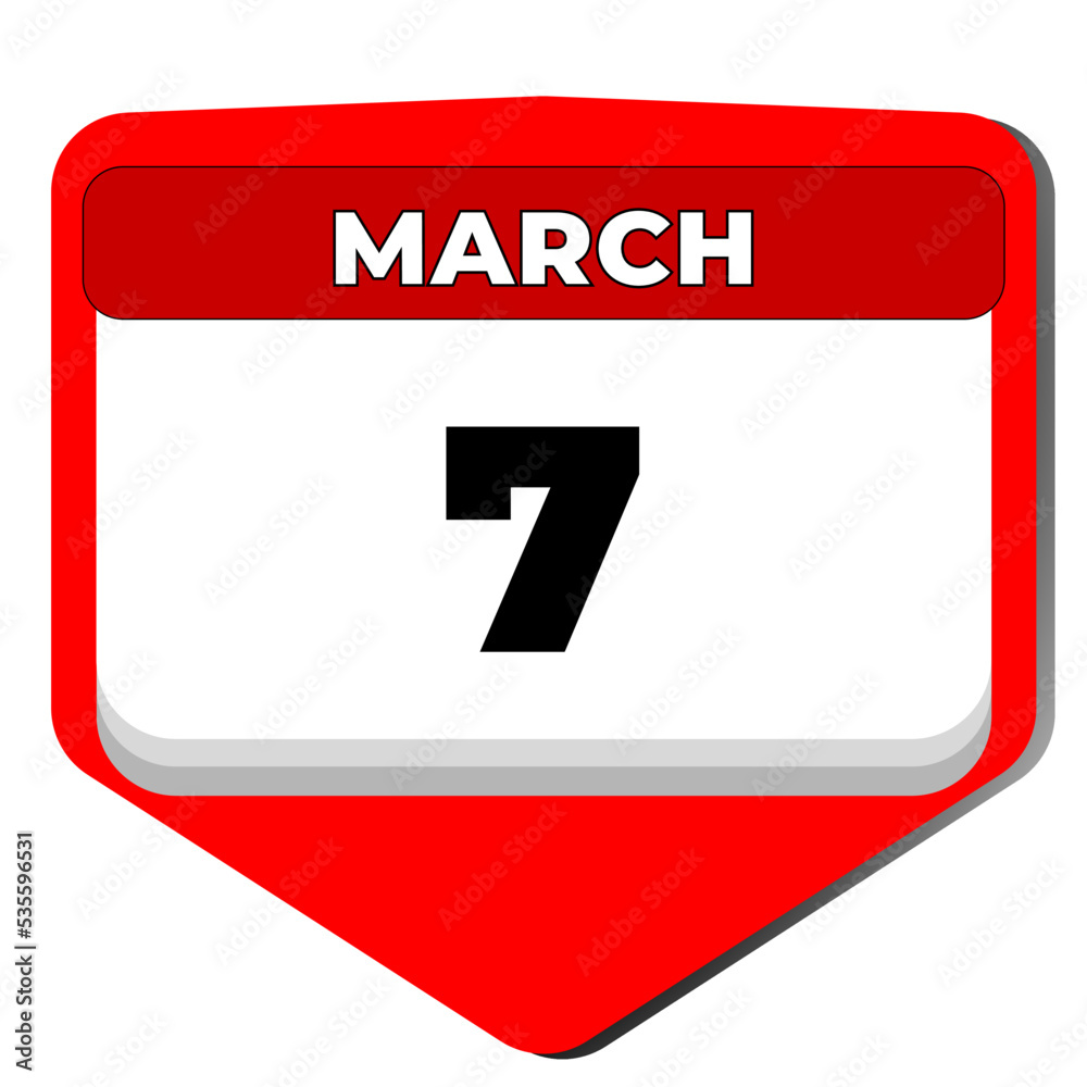 7 March vector icon calendar day. 7 date of March. Seventh day of March. 7th date number. 7 day calendar. Seven date. Vector illustration 7 March vector icon calendar day. 7 date of March. Seventh day of March. 7th date number. 7 day calendar. Seven date. Vector illustration