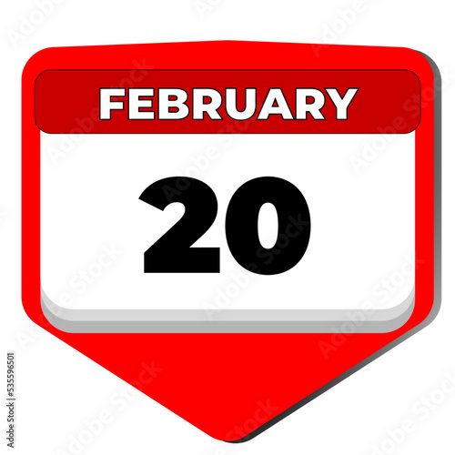 20 February vector icon calendar day. 20 date of February. Twentieth day of February. 20th date number. 20 day calendar. Twenty date. Vector illustration