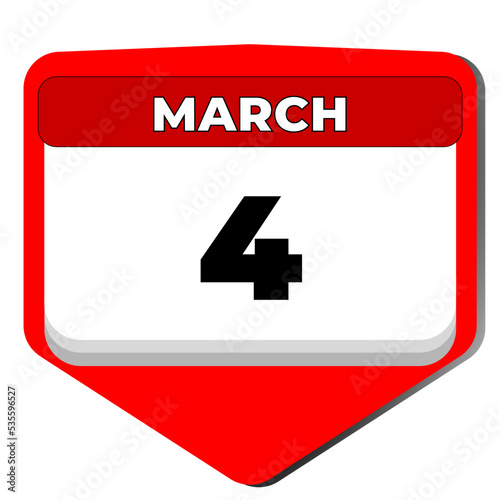 4 March vector icon calendar day. 4 date of March. Fourth day of March. 4th date number. 4 day calendar. Four date. World Obesity. Vector illustration