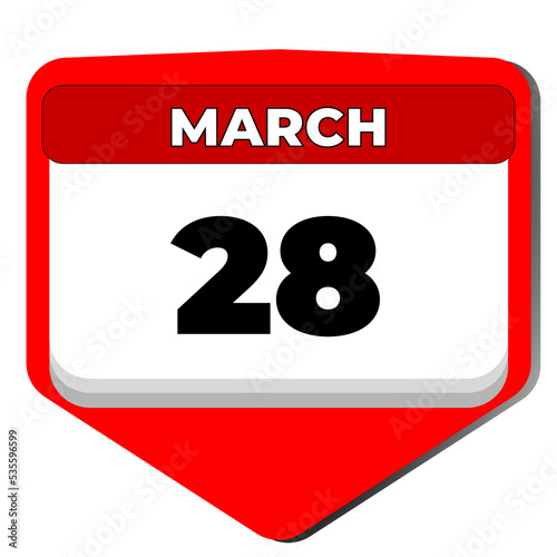 28 March vector icon calendar day. 28 date of March. Twenty eighth day of March. 28th date number. 28 day calendar. Twenty eight date. Respect Your Cat. Vector illustration