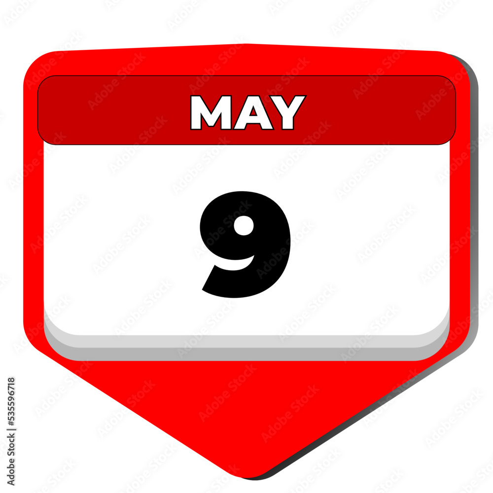 9 May vector icon calendar day. 9 date of May. Ninth day of May. 9th date number. 9 day calendar. Nine date. Europe. Vector illustration