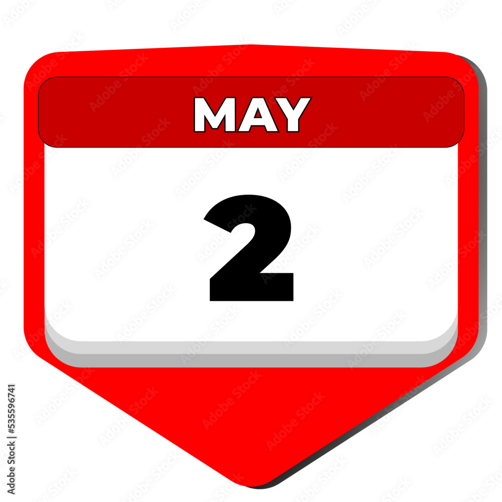 2 May vector icon calendar day. 2 date of May. Second day of May. 2nd date number. 2 day calendar. Two date. Vector illustration