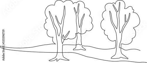 Landscape park with path and trees. Continuous line drawing illustration. Vector