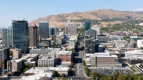 Aerial view of the Salt Lake city downtown. Beautiful mormon city. Downtown of the Salt Lake City skyline over Temple Square. photo