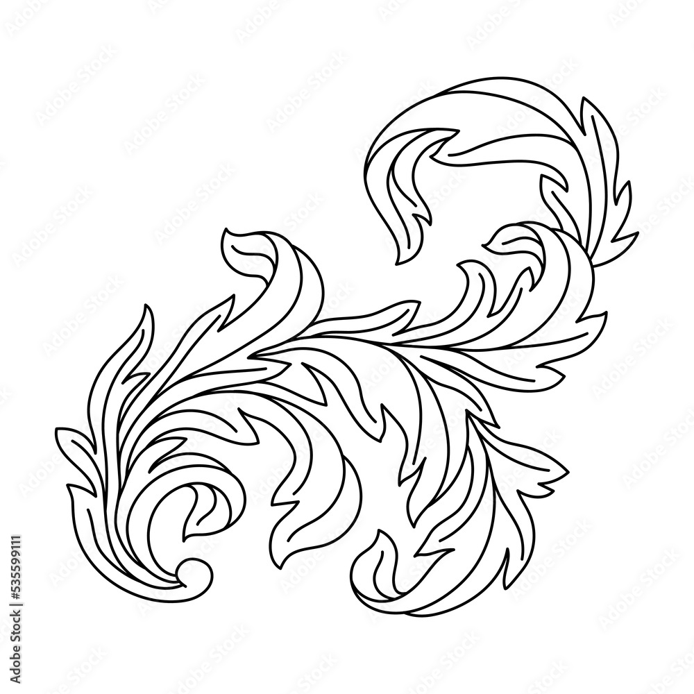 Decorative floral element in baroque style. Engraved black curling plant. Decorative floral element in baroque style. Engraved black curling plant.