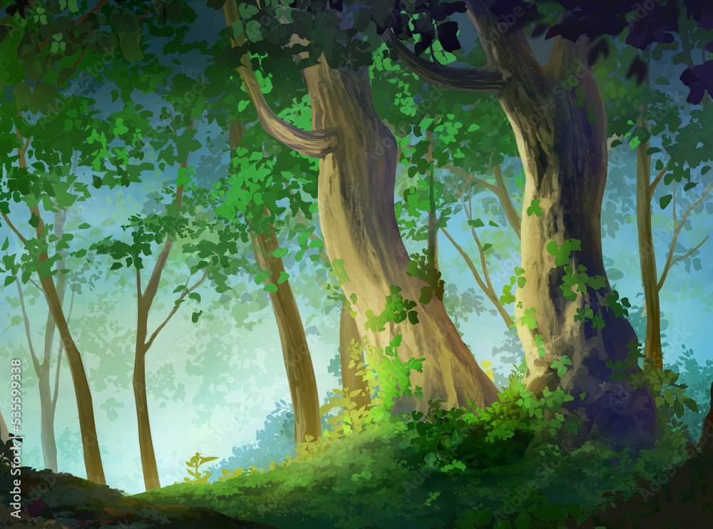 Mystery forest- Day, Anime background, Illustration. Stock Illustration |  Adobe Stock