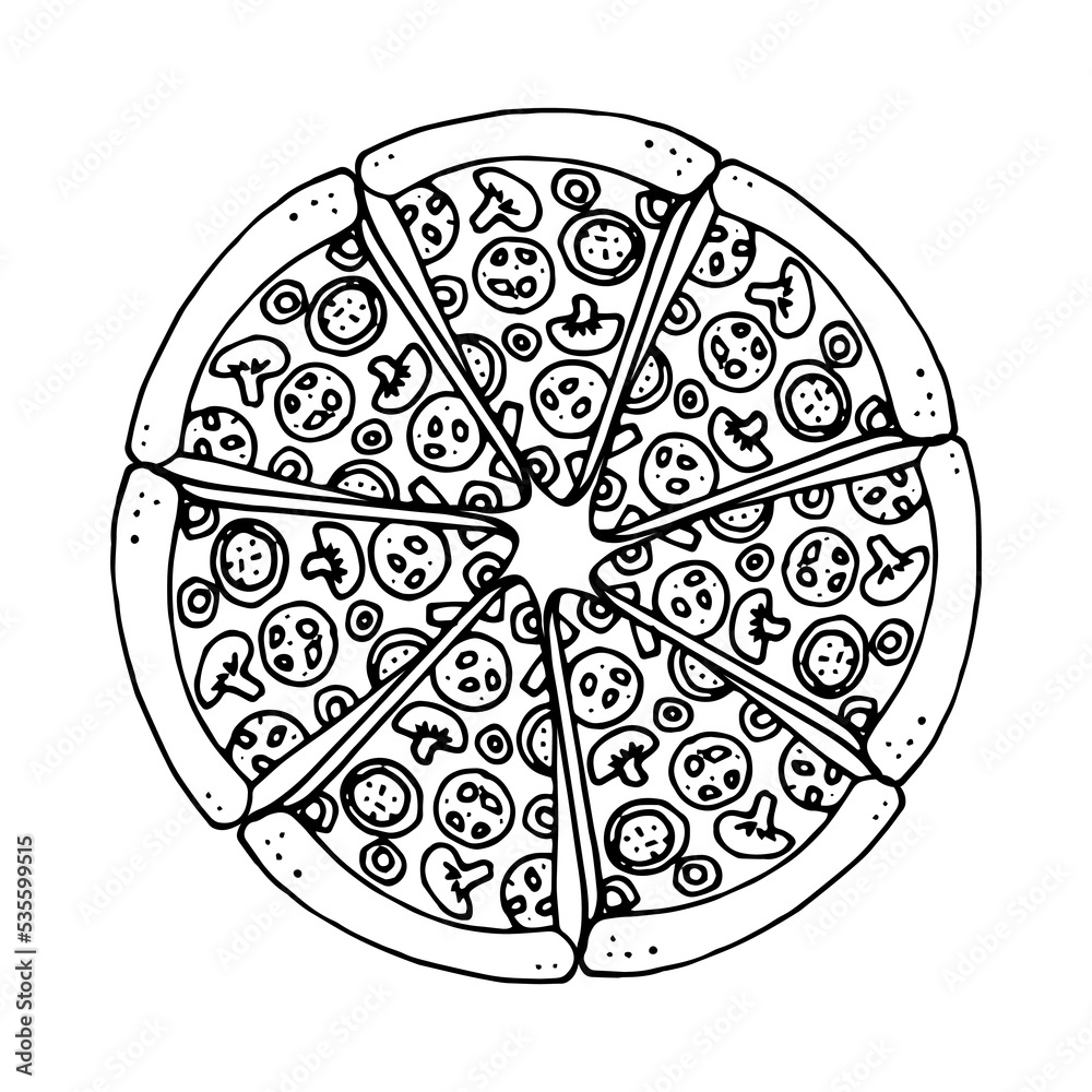 Fast food illustration of round shaped pizza from slices
