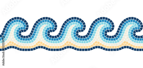 Ancient mosaic wave seamless pattern. Decorative antique stone ornament.