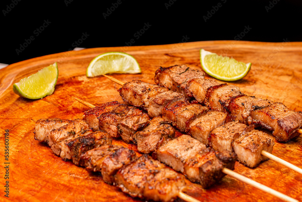delicious meat kebab on the table, made on the fire