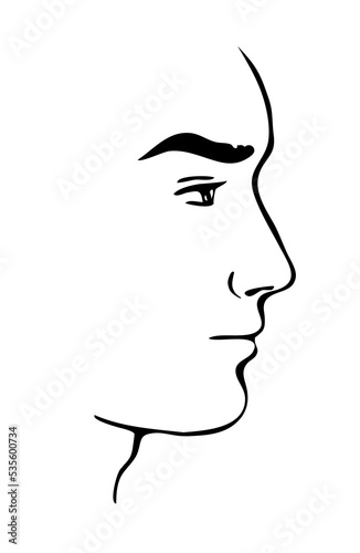 Drawn profile portrait of a young man. Beautiful face. Logo, design element for salon. Vector isolated art illustration hand drawn. Black and white sketch line