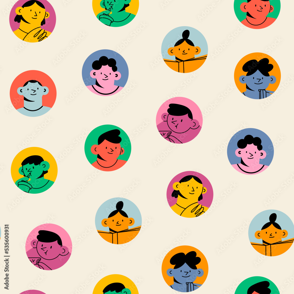 Portraits of diverse young people. Cute funny characters. Trendy modern art. Cartoon, minimal, abstract contemporary style. Round avatars. Hand drawn Vector illustration. Square seamless Pattern