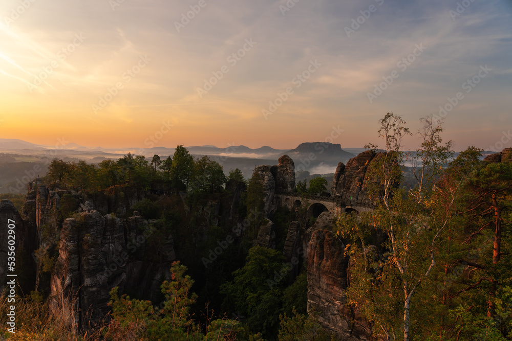 bastei bridge at sunrise in autumn