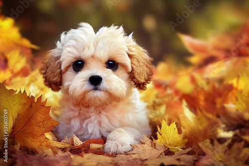 Maltipoo puppy dog in a pile of Fall leaves in autumn background. 3d illustration.