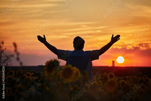 Silhouette of happy successful corn farmer in cornfield in sunset with arms raised in the air