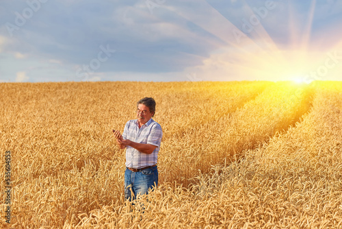 Happy farmer proudly standing in wheat field. Agronomist wearing corporate uniform, looking at camera on farmland.