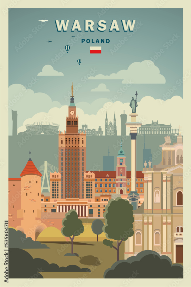 Warsaw city landmarks poster vector arts, Poland