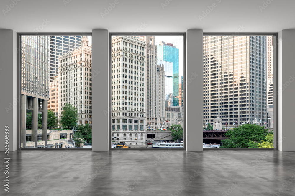 Obraz premium Downtown Chicago City Skyline Buildings from Window. Beautiful Expensive Real Estate. Epmty office room Interior Skyscrapers, River walk, bridge, waterfront view. Cityscape. Day time. 3d rendering.