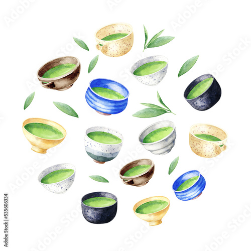 Collection of matcha bowls. Hand drawn elements of japanese green tea, leaves and cups. Background for packaging, wrapping paper, menu design. Watercolor illustration of asian drinks.