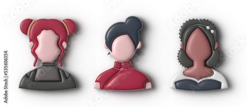 Set of vector 3d avatars. young stylish people. Element for design and illustrations. bubble style. Girls, Asian, Latin American, informal.