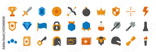30 game items with style flat. Icon set for game items. Editable in EPS 10 format. Vector Illustration