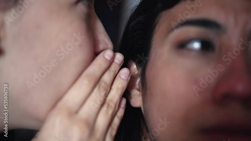 Friend telling secret to woman ear whispering. Young woman shock surprise reaction to gossip news. People sharing secrets
