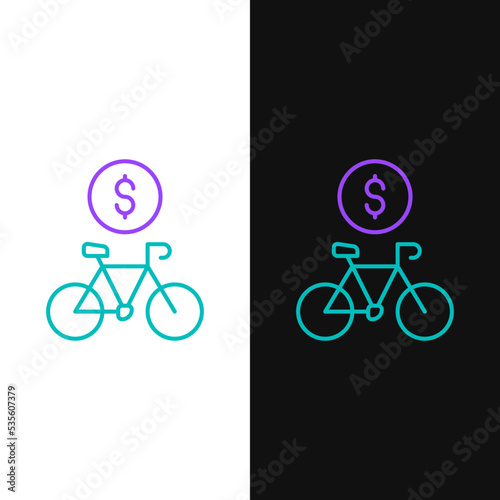 Line Bicycle rental mobile app icon isolated on white and black background. Smart service for rent bicycles in the city. Mobile app for sharing system. Colorful outline concept. Vector